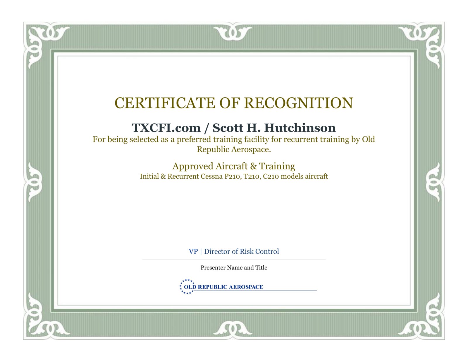 Old Republic Aerospace Certificate of Recognition for TXCFI.com / Scott H. Hutchinson, covering initial and recurrent training in the Cessna P210, T210, and C210